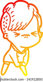dibujo de línea de gradiente cálido de una hipster fastidiada de dibujos animados