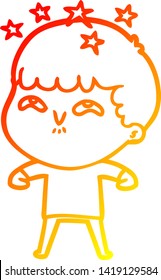 warm gradient line drawing of a cartoon amazed boy