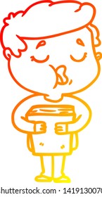 warm gradient line drawing of a cartoon man holding book and singing