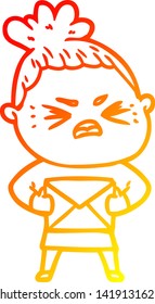 warm gradient line drawing of a cartoon angry woman