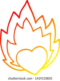warm gradient line drawing of a cartoon flaming heart