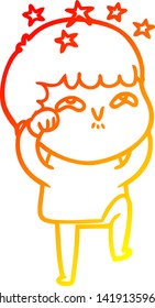 warm gradient line drawing of a cartoon amazed boy