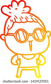 warme Farbverlauf-Linie Zeichnung einer harten Cartoon-Frau mit Brille