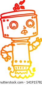 dibujo de línea de gradiente cálido de un robot de dibujos animados que ronda