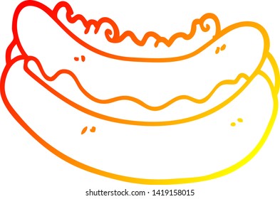 dibujo de línea de degradado cálido de un hotdog de caricatura en un bollo