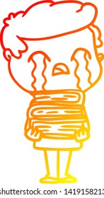 warm gradient line drawing of a cartoon man crying over stack of books