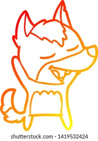 dibujo de línea de gradiente cálido de un lobo de dibujos animados riéndose