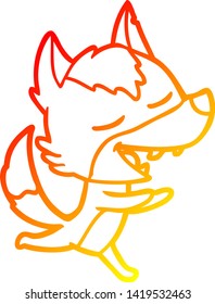 dibujo de línea de gradiente cálido de un lobo de dibujos animados riéndose