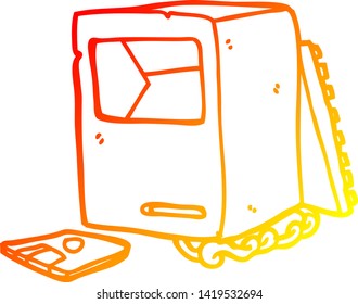 dibujo de línea de degradado cálido de una caricatura de una computadora antigua rota