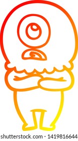 warm gradient line drawing of a cartoon cyclops alien spaceman