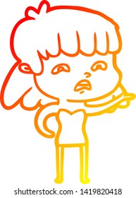 dibujo de línea de degradado cálido de una mujer preocupada por la caricatura