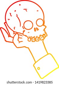 warm gradient line drawing of a cartoon hand holding skull