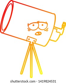dibujo de línea de gradiente cálido de un telescopio bordeado de dibujos animados con cara