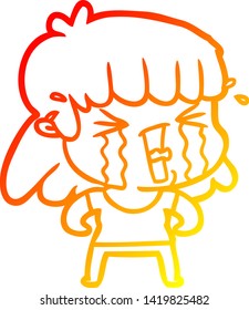 desenho de linha gradiente quente de uma mulher de desenho animado em lágrimas