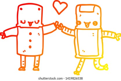 dibujo de líneas de degradado cálido de un robot de dibujos animados enamorado