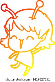 warm gradient line drawing of a cartoon alien girl laughing
