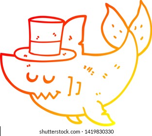 dibujo de línea de degradado cálido de un tiburón caricaturista con sombrero superior