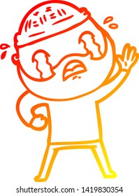 dibujo de línea de gradiente cálido de un hombre barbudo de dibujos animados ondeando y llorando