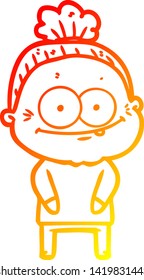 warm gradient line drawing of a cartoon happy old woman