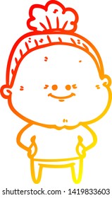 warm gradient line drawing of a cartoon happy old woman
