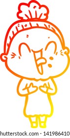 warm gradient line drawing of a cartoon happy old woman