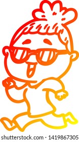 warm gradient line drawing of a cartoon happy woman wearing spectacles