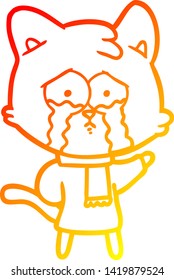 warm gradient line drawing of a cartoon crying cat