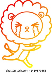 warm gradient line drawing of a cartoon crying lion