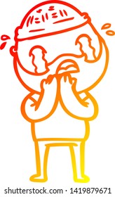 warm gradient line drawing of a cartoon bearded man crying