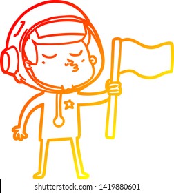 warm gradient line drawing of a cartoon confident astronaut waving flag