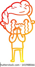 dibujo de línea de degradado cálido de un hombre de dibujos animados llorando
