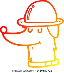 warm gradient line drawing of a cartoon dog wearing hat