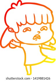 warme Farbverlauf-Linie Zeichnung einer Cartoon besorgten Frau
