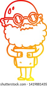 warm gradient line drawing of a cartoon worried man with beard and spectacles