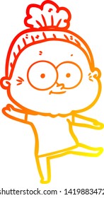 warm gradient line drawing of a cartoon happy old woman