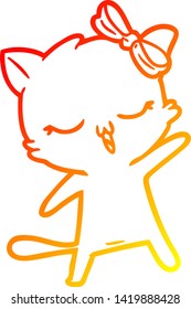 warm gradient line drawing of a cartoon cat with bow on head