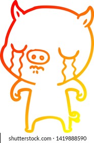 warm gradient line drawing of a cartoon pig crying