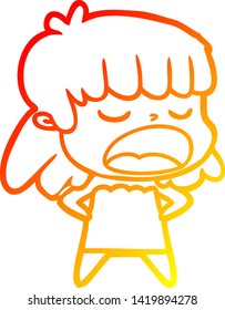 warm gradient line drawing of a cartoon woman talking loudly