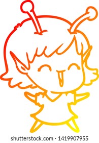 warm gradient line drawing of a cartoon alien girl laughing