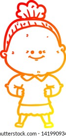 warm gradient line drawing of a cartoon happy old woman