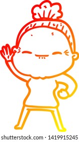 warm gradient line drawing of a cartoon peaceful old woman