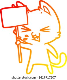 dibujo de una línea de degradado cálido de un gato de dibujos animados protestando