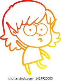 dibujo de línea de gradiente cálido de una niña elfo de dibujos animados mirando