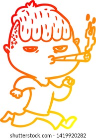 warm gradient line drawing of a cartoon man smoking whilst running