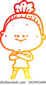 warm gradient line drawing of a cartoon happy old woman