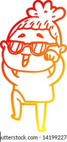 warm gradient line drawing of a cartoon happy woman wearing spectacles