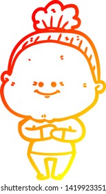 warm gradient line drawing of a cartoon happy old woman