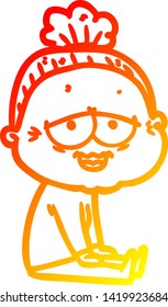 warm gradient line drawing of a cartoon happy old lady
