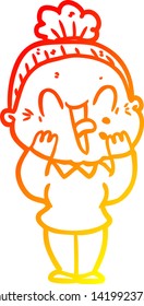 warm gradient line drawing of a cartoon happy old woman