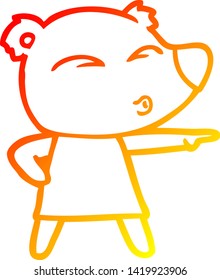 warm gradient line drawing of a cartoon whistling bear in dress